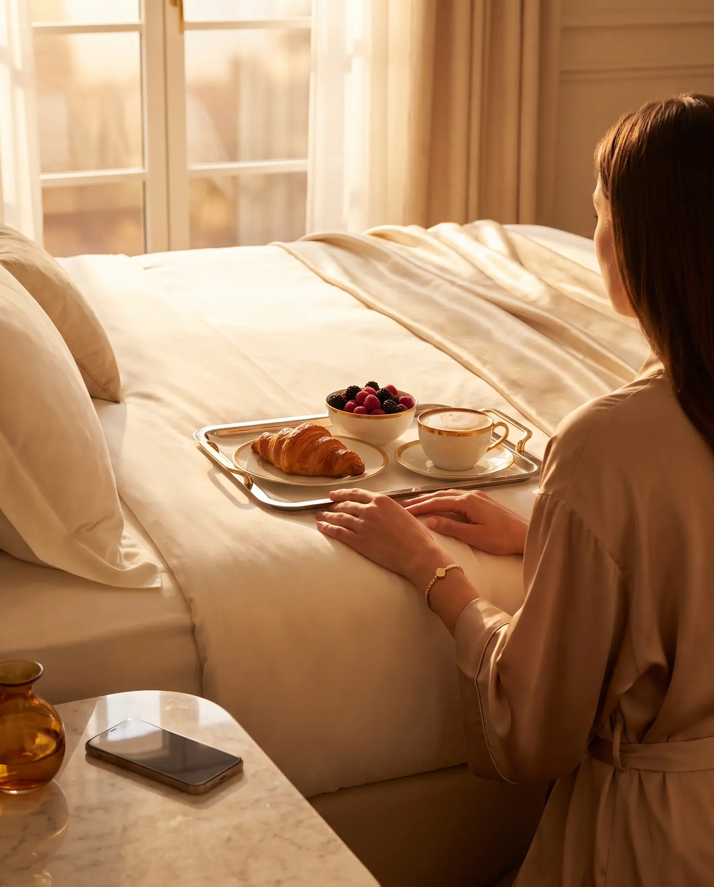 Breakfast in bed: a tray with a croissant, berries and coffee on white linen in morning sun