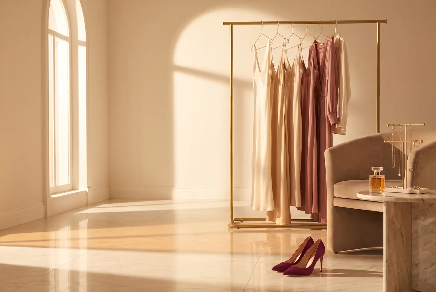 A rack of cream silk outfits by a sunny window, high heels on a marble floor