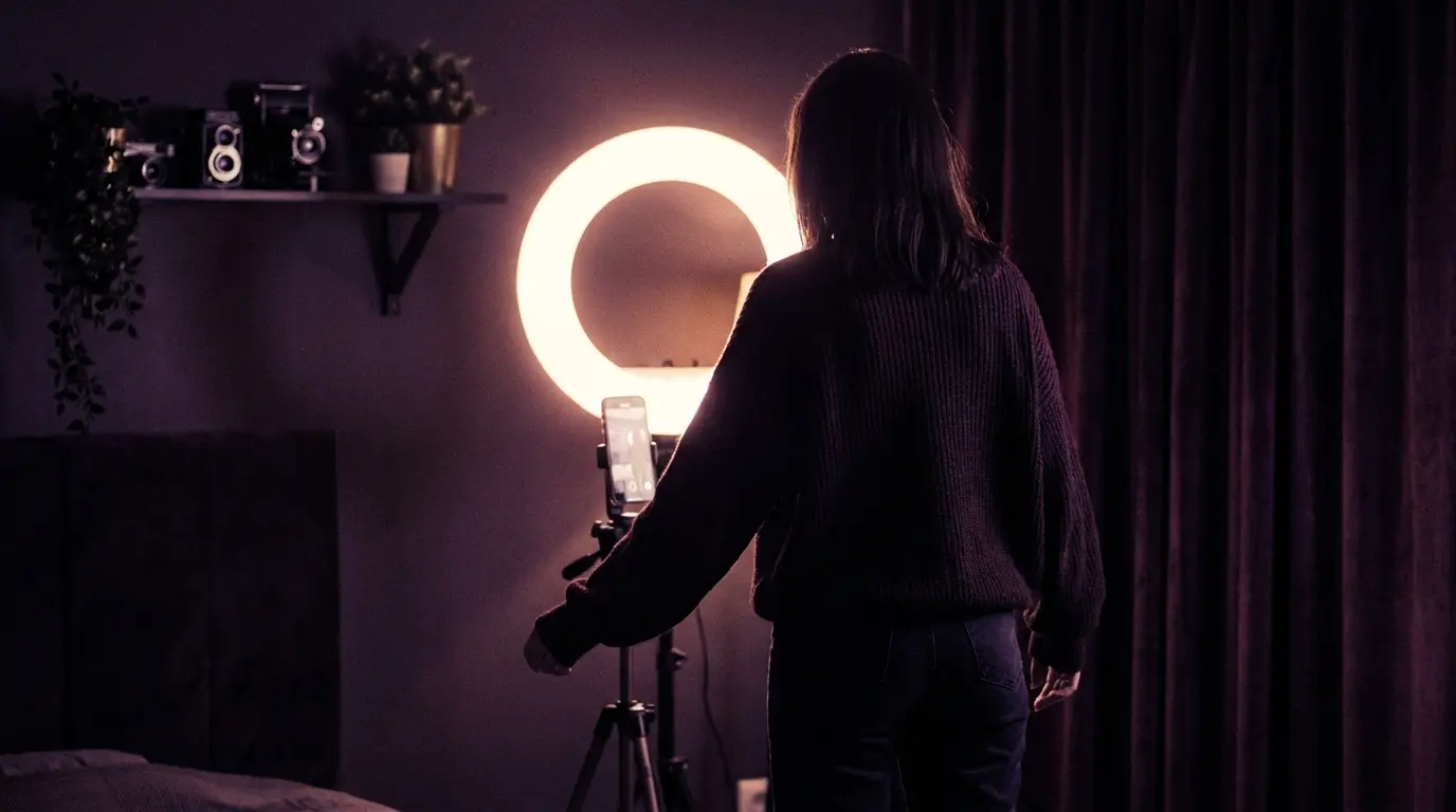 Silhouette of a woman facing a glowing ring light in a dark studio room before a shoot