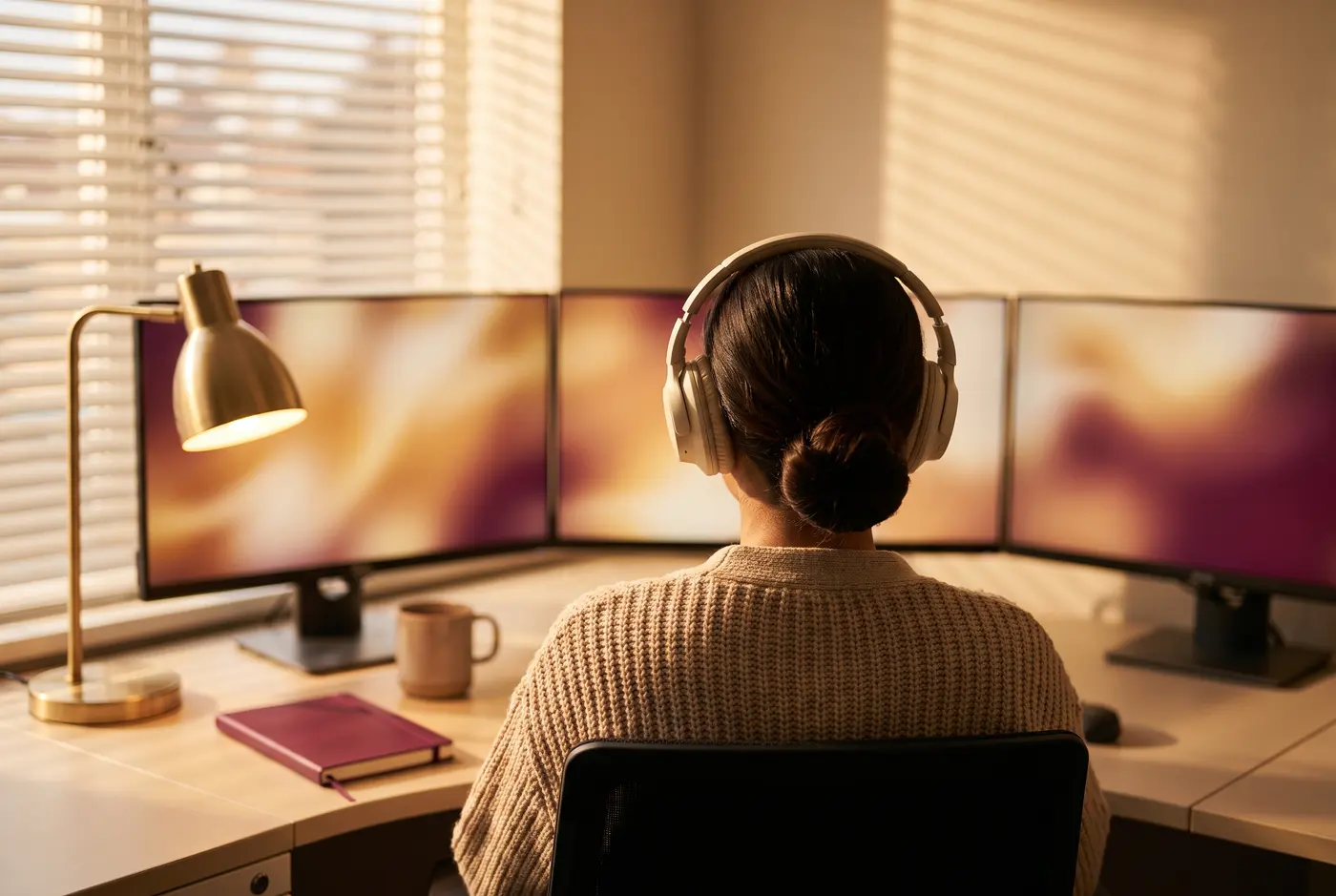 An operator with headphones seen from behind facing three softly glowing blurred monitors in an evening office